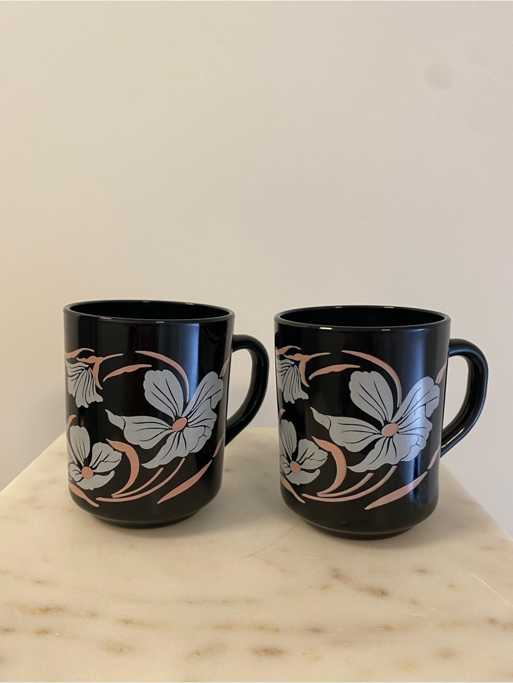 Vintage French Arcoroc Set of 2 mugs, dark floral, black tempered glass